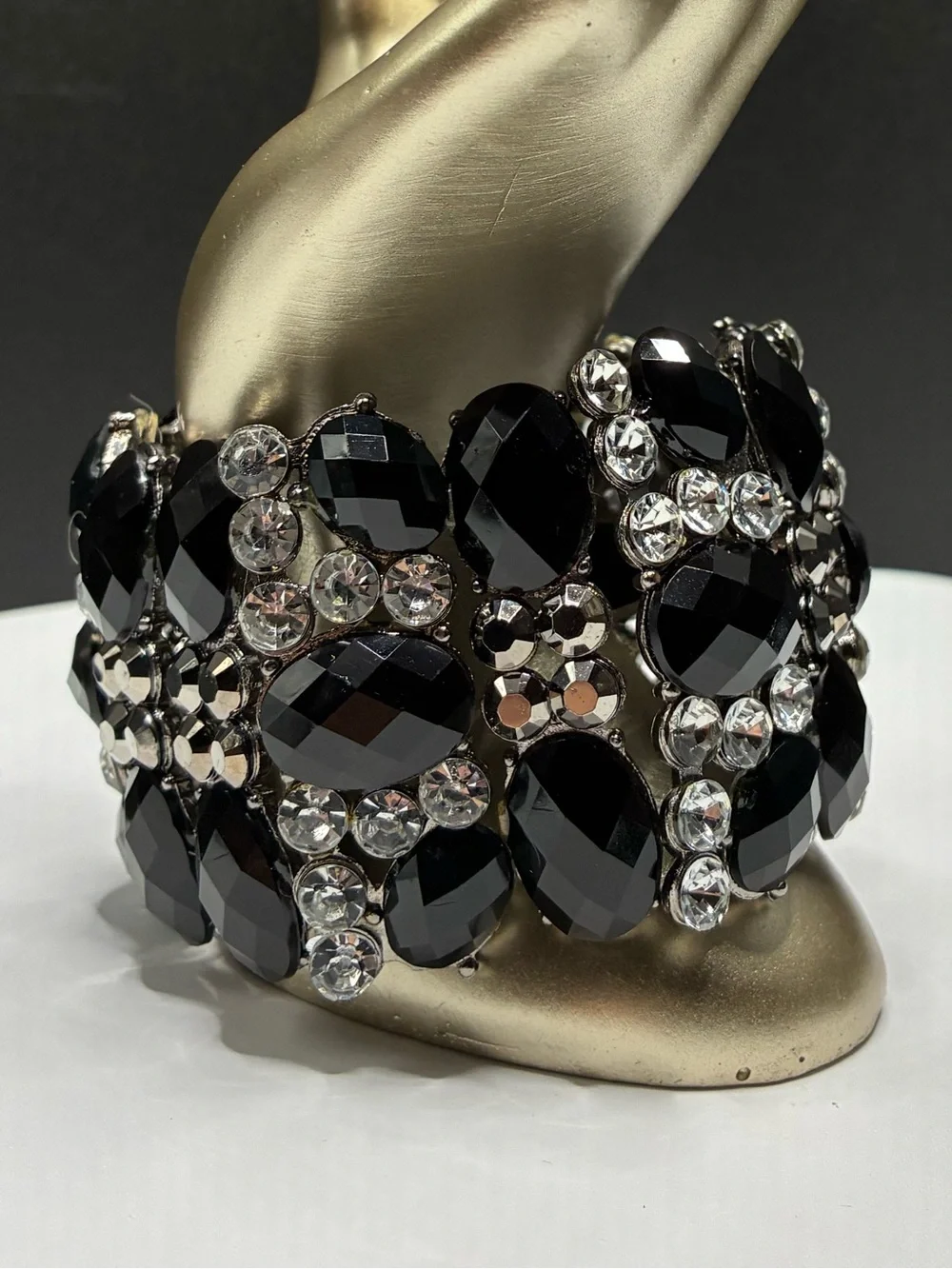 Bold Vintage Black & Silver Crystal Stretch Statement Bracelet